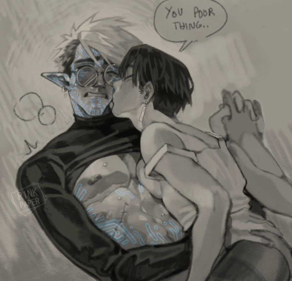 Meryl lays on top of Vash, kissing his cheek and gently saying 'you poor thing' as he blisses out from the stimulation of her hand (which is out of view)
