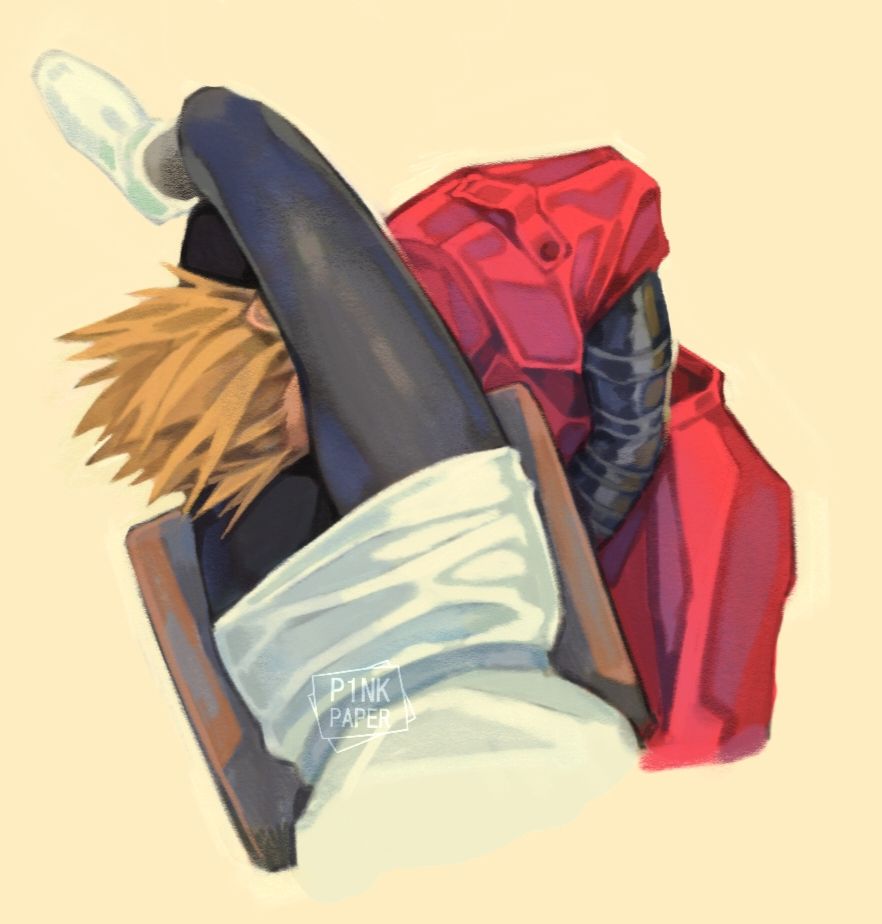The great Vash the stampede has his head squashed between Meryl's thighs whilst she sits on a chair (Framed as if Meryl is taking a photo of it)