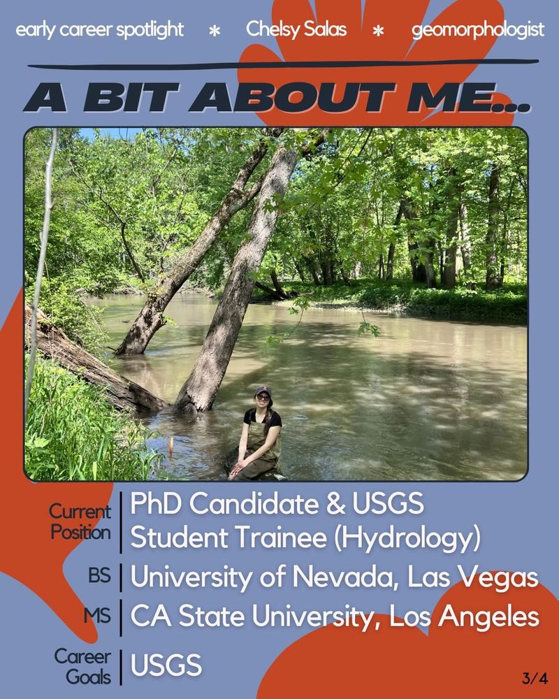 Biography slide showing Chelsy sitting by a river with trees in the background. The slide lists her current position as PhD Candidate & USGS Student Trainee in Hydrology, education background including degrees from University of Nevada, Las Vegas (BS) and CA State University, Los Angeles (MS), and career goals with USGS.
