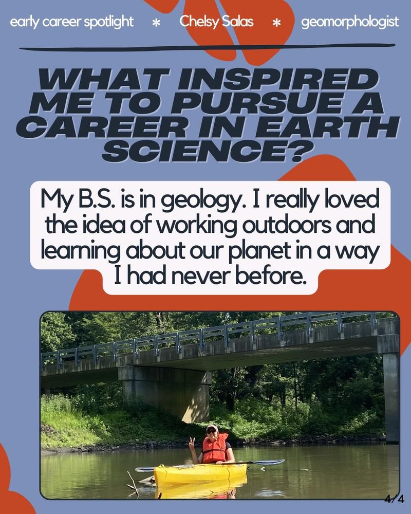 Final slide showing Chelsy in a yellow kayak on a river, wearing an orange life vest and making a peace sign. Above the photo is a quote explaining her inspiration: 'My B.S. is in geology. I really loved the idea of working outdoors and learning about our planet in a way I had never before.