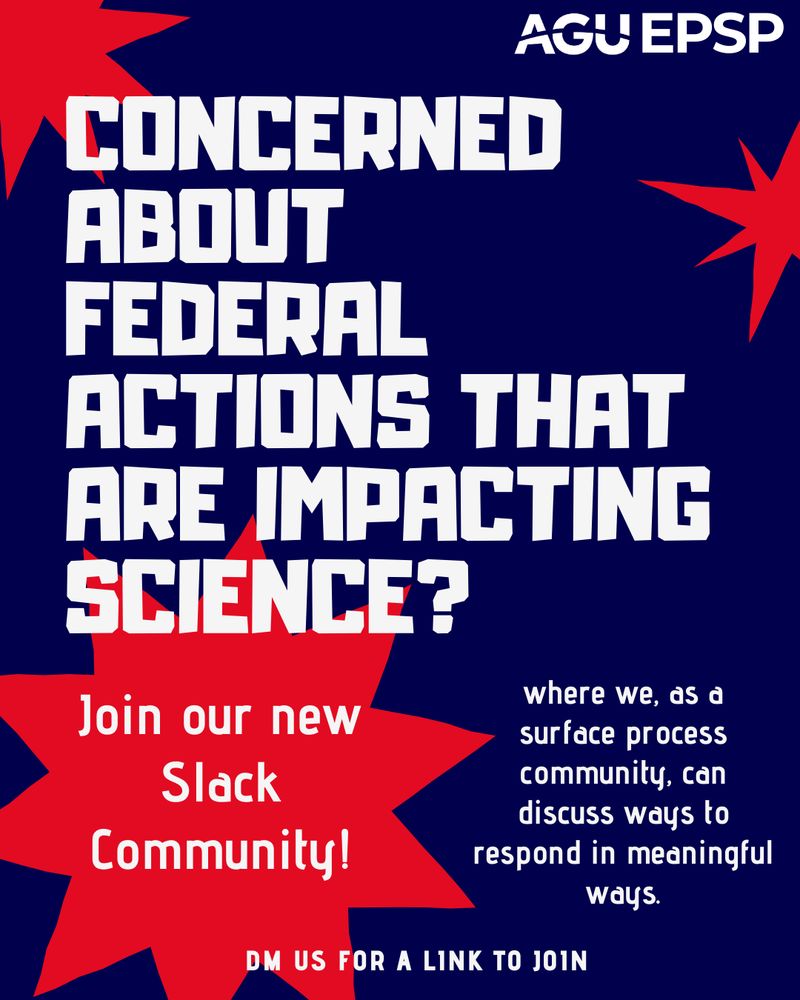 A dark blue background with white text and red star burst accents. The main text reads 'CONCERNED ABOUT FEDERAL ACTIONS THAT ARE IMPACTING SCIENCE?' followed by 'Join our new Slack Community!' The AGU EPSP logo appears in the top right corner.
