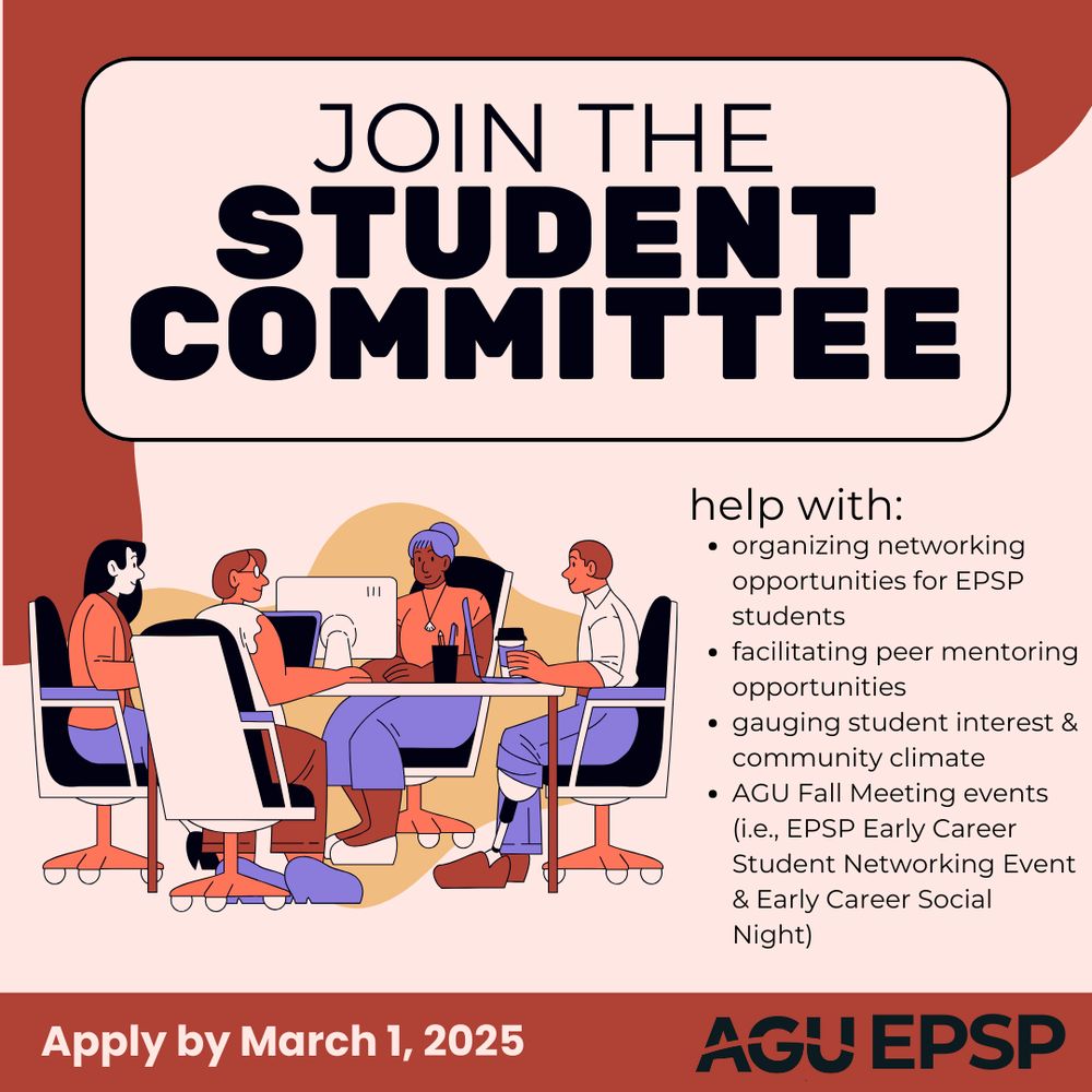 An illustration showing four diverse students sitting around a table having a meeting. Text above reads 'JOIN THE STUDENT COMMITTEE' with bullet points listing committee responsibilities including organizing networking opportunities, facilitating peer mentoring, gauging student interest, and planning AGU Fall Meeting events. The AGU EPSP logo and application deadline of March 1, 2025 are shown at the bottom.