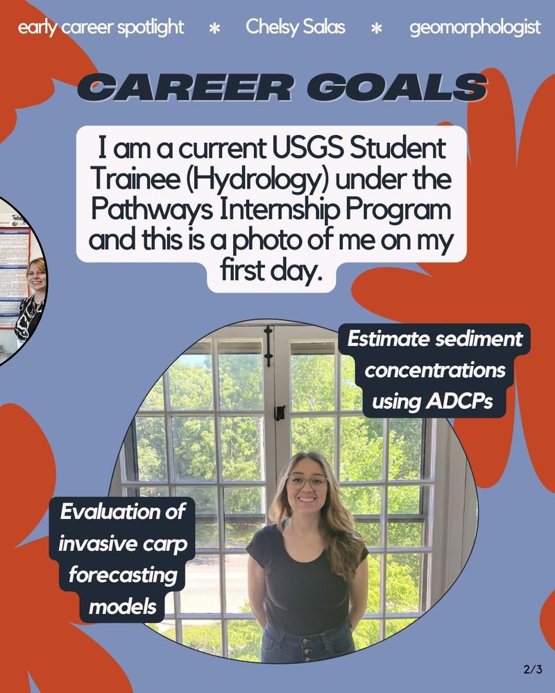 Slide titled 'CAREER GOALS' showing Chelsy in front of a bright window on her first day as a USGS Student Trainee in Hydrology under the Pathways Internship Program. Text describes her work including evaluating invasive carp forecasting models and estimating sediment concentrations using ADCPs