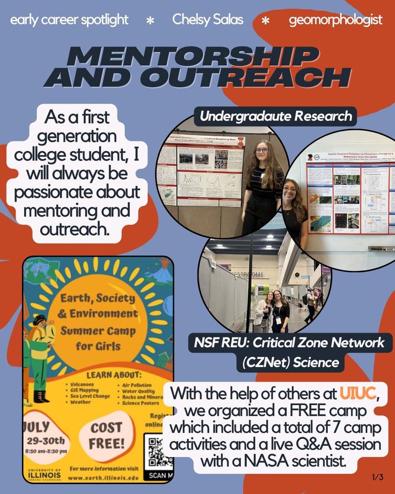 Slide titled 'MENTORSHIP AND OUTREACH' showing Chelsy's commitment to education. Features three components: research poster presentations from undergraduate research and NSF REU CZNet Science programs, and a promotional flyer for a free Earth, Society & Environment Summer Camp for Girls at UIUC. Text emphasizes her passion for mentoring as a first-generation college student and describes organizing a free camp with NASA scientist involvement.