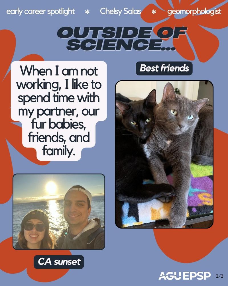 Slide titled 'OUTSIDE OF SCIENCE...' showing Chelsy's personal life. Features two photos: one of Chelsy and her partner at a California sunset, and another of her two cats - one black and one grey - lounging together on a colorful blanket. Text describes enjoying time with partner, pets, friends, and family when not working.