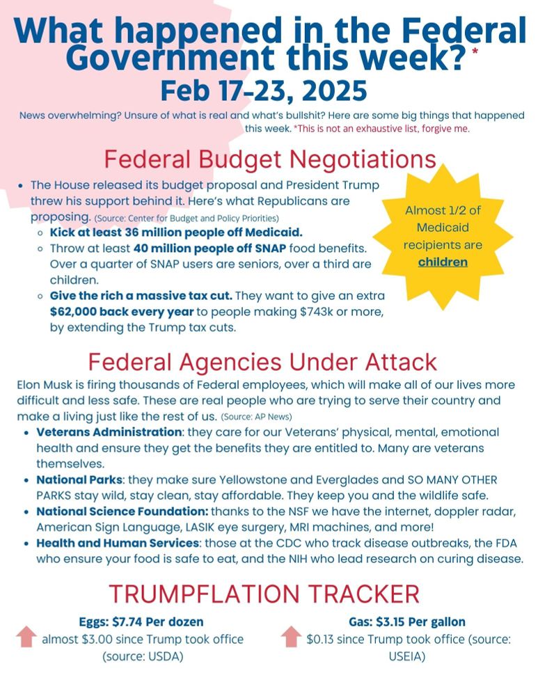 The front page of a weekly federal government update flyer, describing the current federal budget proposal in the house of representatives, the federal agencies under attack, and updates on the price of eggs and gas. 