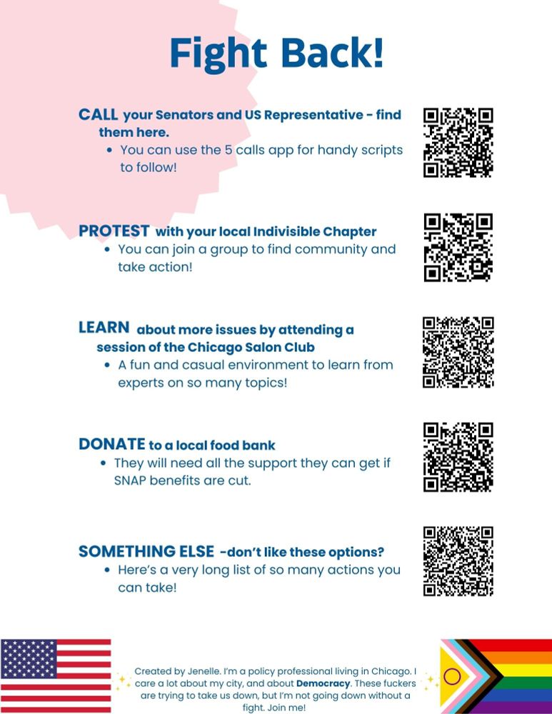 The back page of a flyer that includes five qr codes that can be scanned to take action to protect our democracy. The actions include calling your senators and reps, protesting with indivisible, learning about issues, donating to a food bank, and a document that has a very long list of other options. 