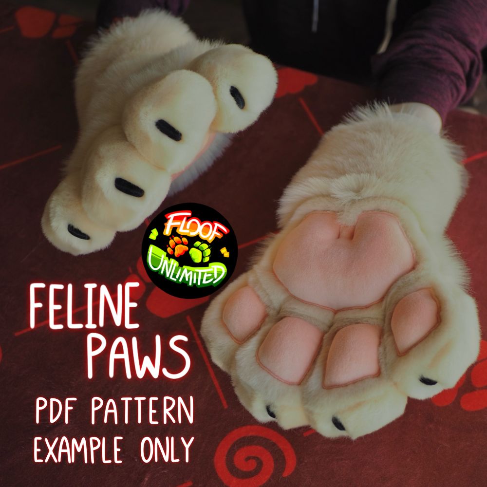 Tan fursuit cat paws with pink square beans and nubby black claws being modeled. Floof Unlimited logo and text that reads “Feline Paws”, “PDF pattern”, “example only”