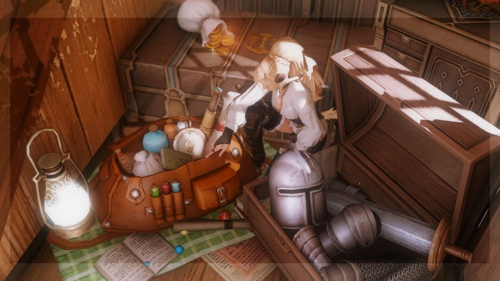 A blonde auri woman kneels on the floor of her house, searching through an overflowing bag. She is surrounded by clutter of all kinds - spare armor, coins, a lantern, scattered papers.