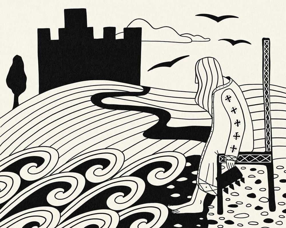 A black a white illustration depicting an old king with long white hair slouching on a throne in front of the stylised sea waves. There’s a castle, clouds, and flying birds in the background. 
