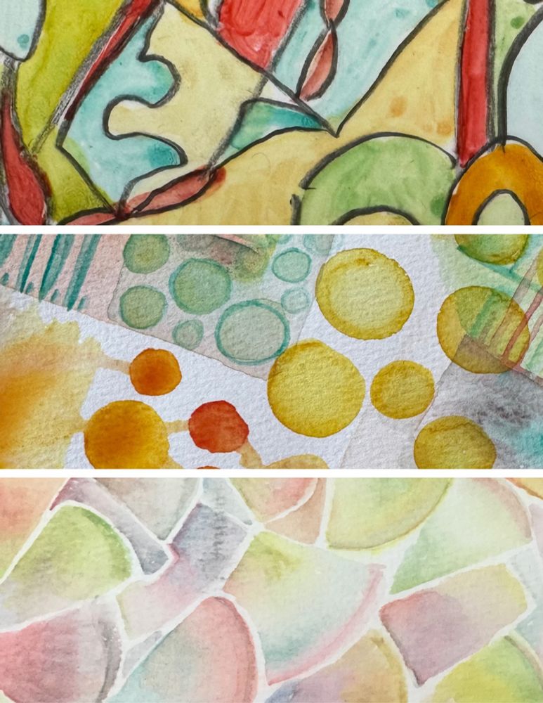 A printable page with close-up photos of sections of previous art pieces. I color and paint over these throughout the day to see what direction they might take me in.