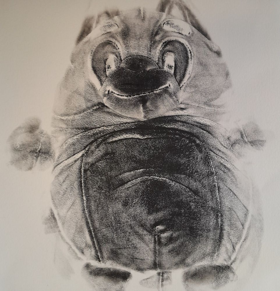 Black and white print of a "Bluey" stuffed animal.