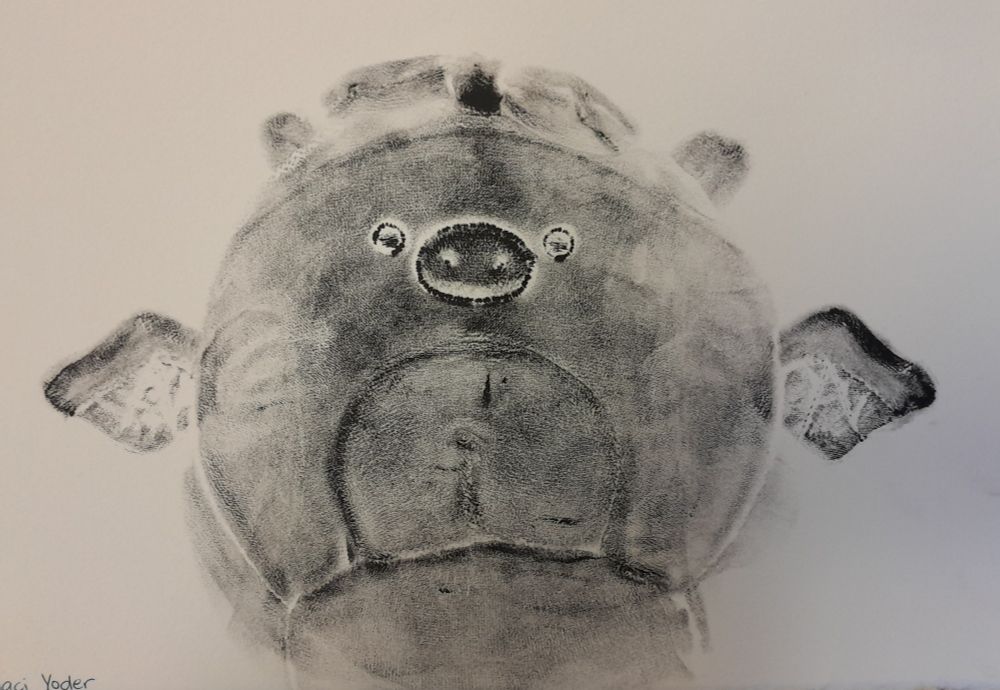Black and white imprint of a squishmallow dragon with wings.