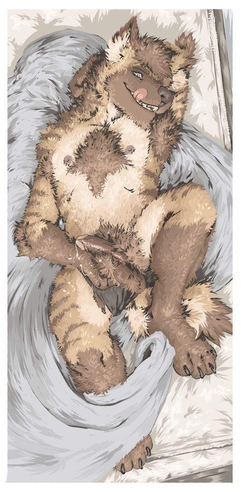 A naked hyena is laying in bed, tangled in a grayish-blue sheet, looking seductively towards the viewer as his right hand pushes his underwear down and his hard dick shines with sweat as it releases pre over his fur.