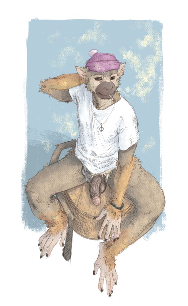 A bottomless squirrel monkey is sitting on a round wooden stool. His dick is hard and he's smoking.