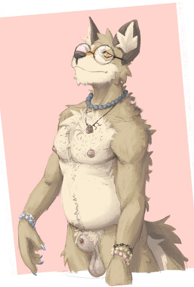 A wolf furry wearing glasses and some accessories is naked. He's showing sheath and balls.