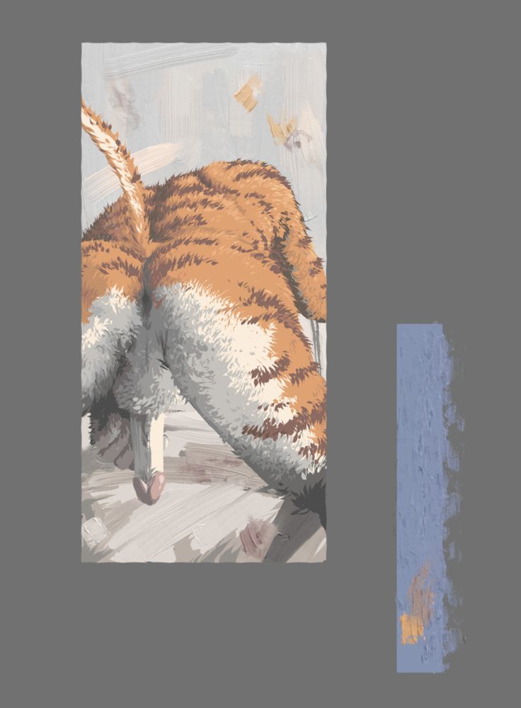 On a gray background a rectangular frame shows a tiger presenting his ass, hole and long hard cock to the viewer. There's a blue brush stroke to his side.