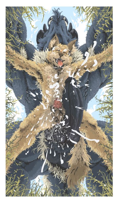 The image depicts a scene of anal sex seen from below. A furry wolf is being penetrated by one dick of a two-dicked behemoth! Both characters are cumming. Behind them we see the sky and in front of them we see grass coming from the sides of the image, suggesting this is scene is happening in broad daylight in a field of some sort.