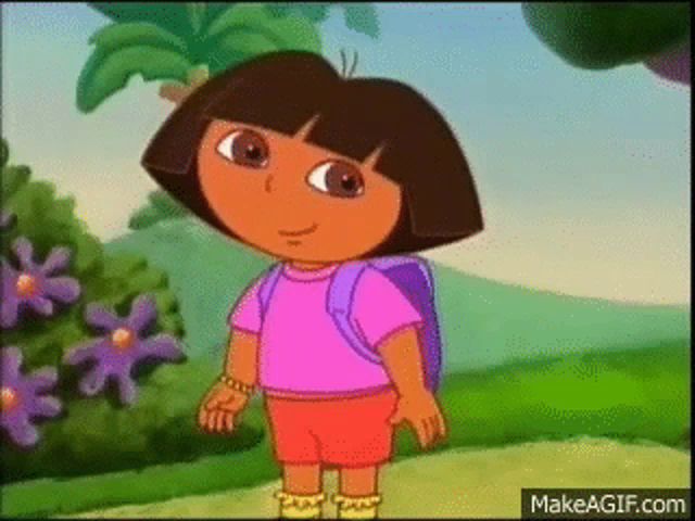 dora the explorer is wearing a pink shirt and red shorts and is standing in a field with a backpack .