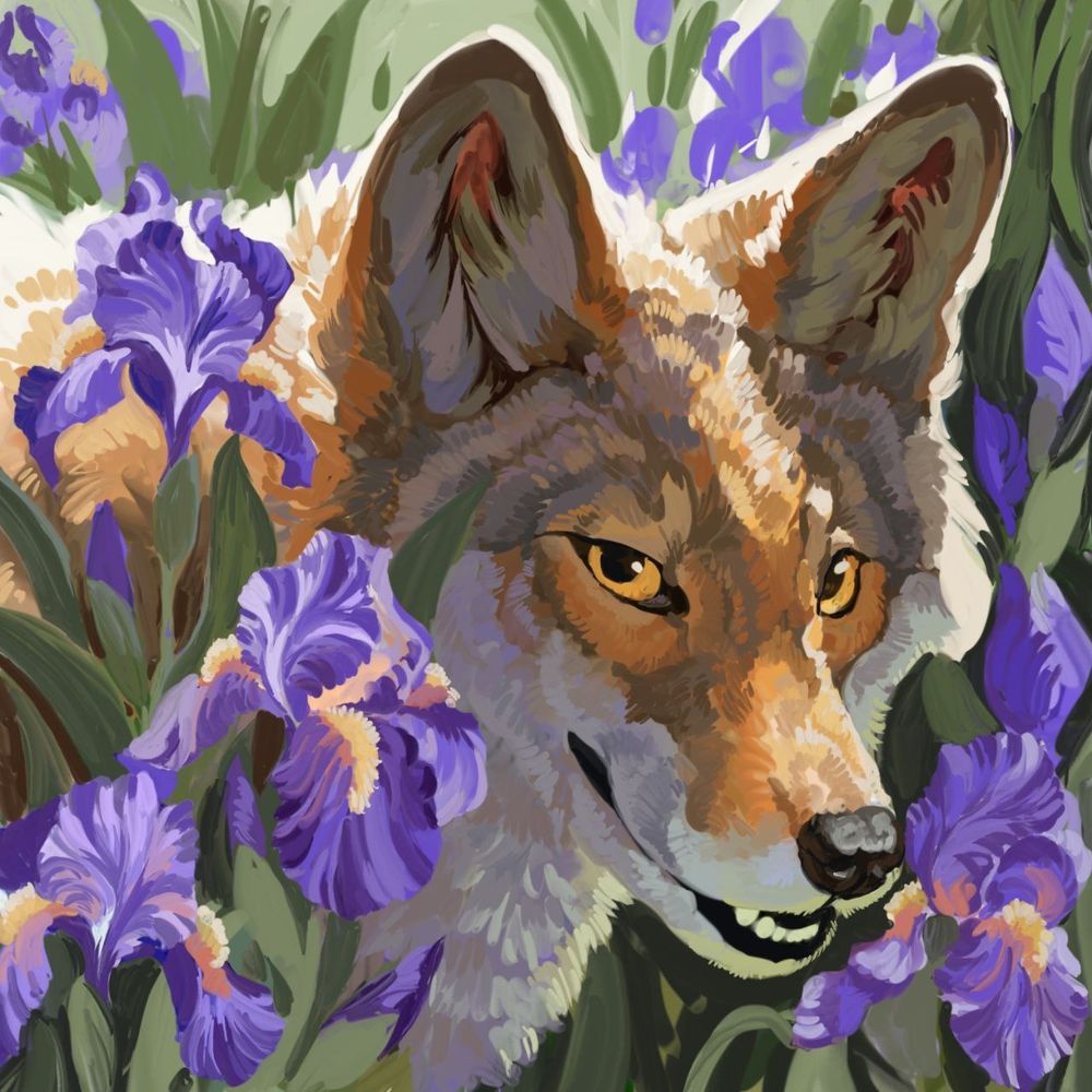Tilt as a timber wolf/coyote amongst a patch of iris flowers; digital painting by Wavyrr