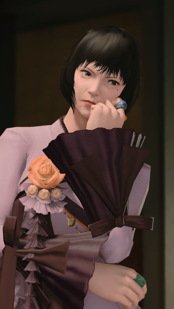 hyur midlander female with short black hair, wearing a pink and dark purple outfit, and has a pensive expression