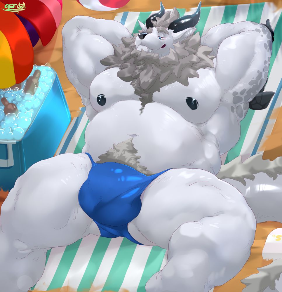 A Wolf dragon hybrid is resting at the beach while wearing a speedo.