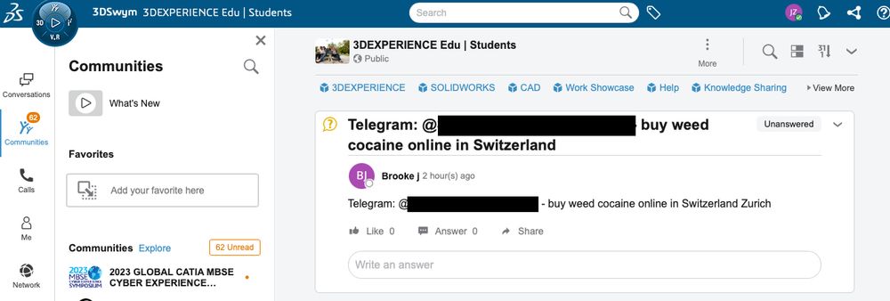 a screenshot of the dassault solidworks online forum with a post advertising cocaine in switzerland on the front page