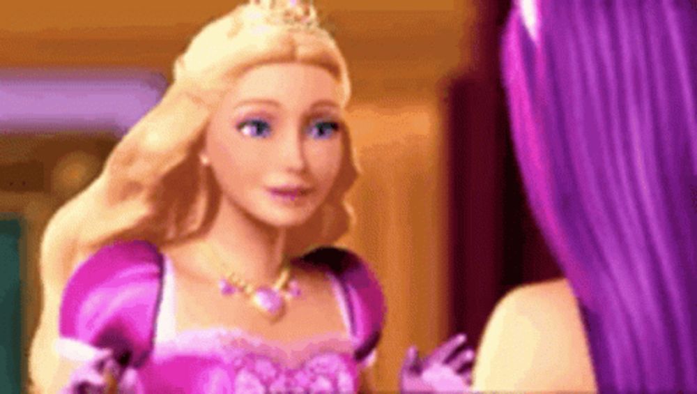 a barbie doll with blonde hair and purple hair is talking to another barbie doll with purple hair .