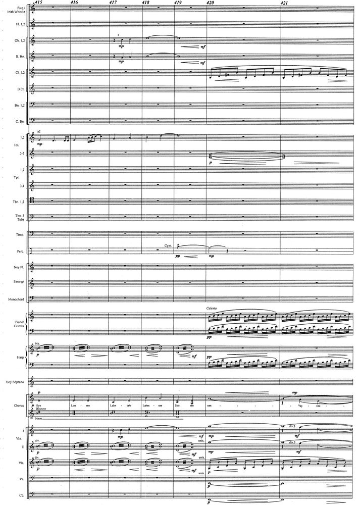 full orchestral score of the beginning of the "farewell to lórien" section of howard shore's "the fellowship of the ring" (as adapted for his "symphony" version of the film's score). there are very pretty tremolo markings, rippling harp/celesta lines, and the strings/clarinets breathe and sigh. 