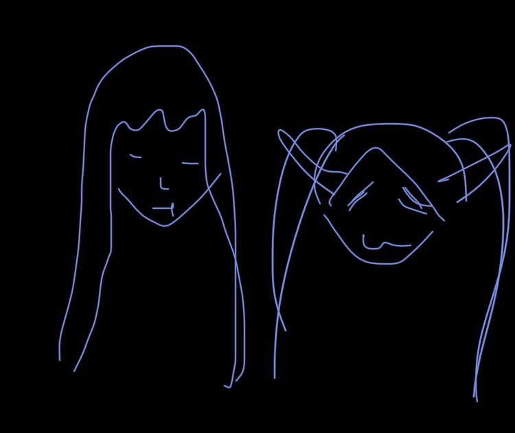 very rudimentary notes app drawing of fern and frieren with their trademark expressions