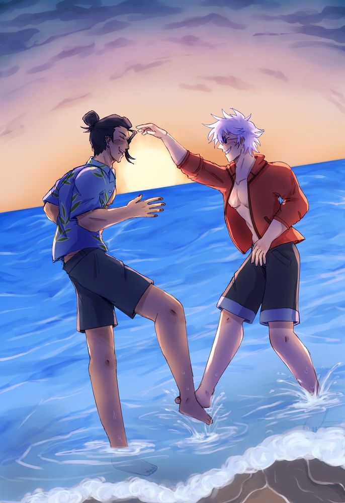 An artwork of Suguru Geto and Satoru Gojo from Jujutsu Kaisen along the shore of a beach, splashing each other at sunset.