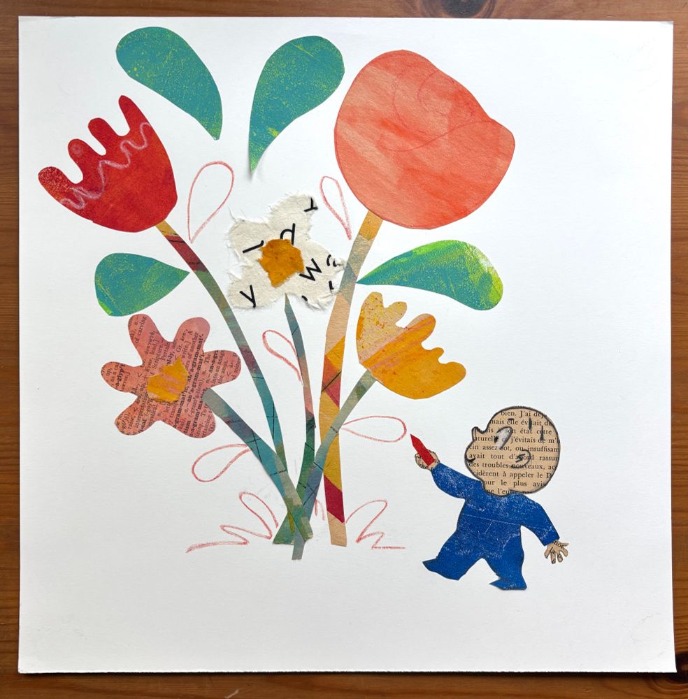 A collage illustration featuring a toddler in a blue playsuit drawing with a crayon. He’s drawn larger-than-life flowers, depicted in patterned papers and loose crayon lines. 