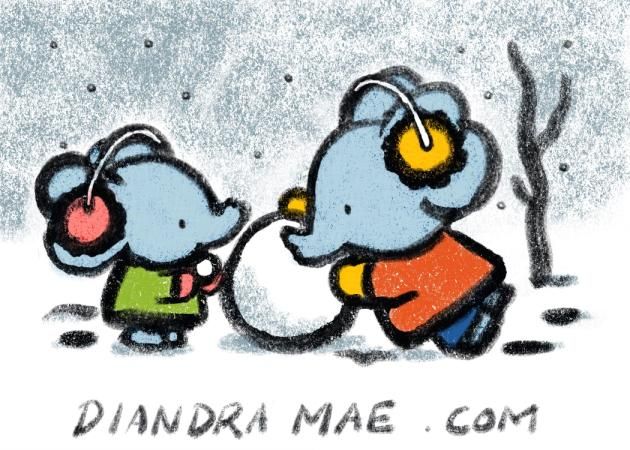 A digital illustration done in bold, chalky lines with bright colors shows two young elephant children working together to roll up a ball of snow. They are going to perhaps build a snowman.