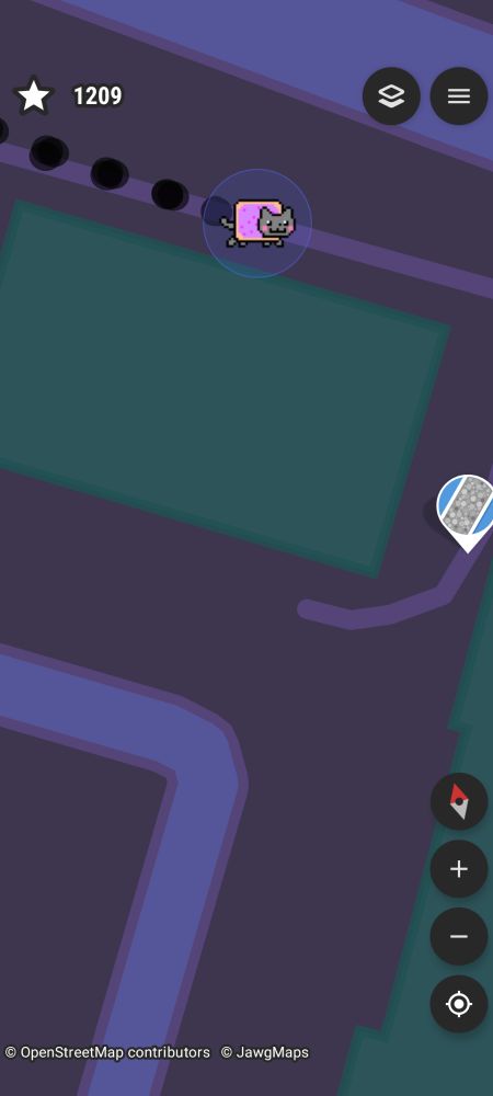 Screenshot of the StreetComplete UI. In place of what would be a blue dot to indicate my position, there's a cat with a cat with a gray head and tail. The cat also has a pink pop tart for a body.