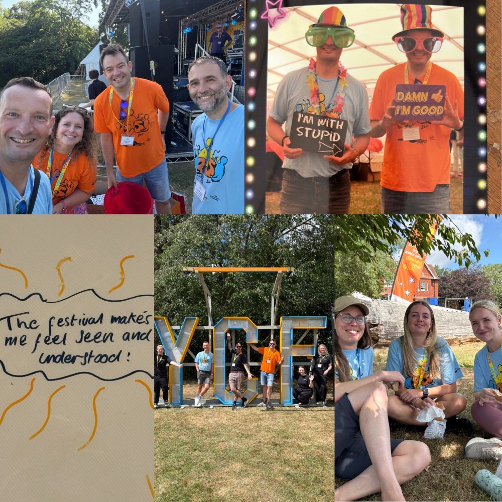Pictures from the day including art saying “this festival makes me feel seen and understood” 