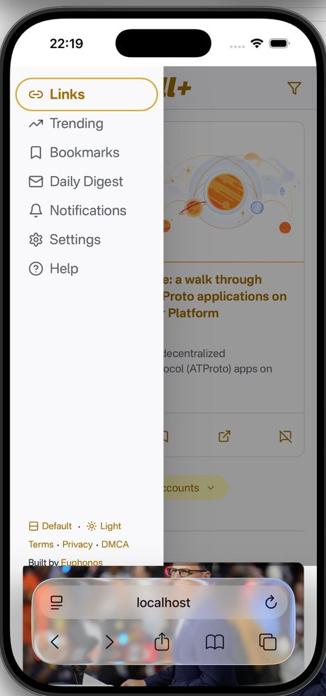 An expanded nav panel with a dimmed backdrop, but the top and bottom of the screen don't have the panel because Apple is a fallen state.