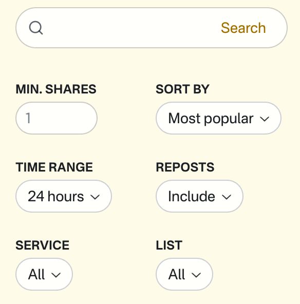 The Sill filters UI, which offers:
- a search bar
- a minimum shares input
- a sort by select input
- a time range input
- a reposts filter
- a service select input
- a list select input