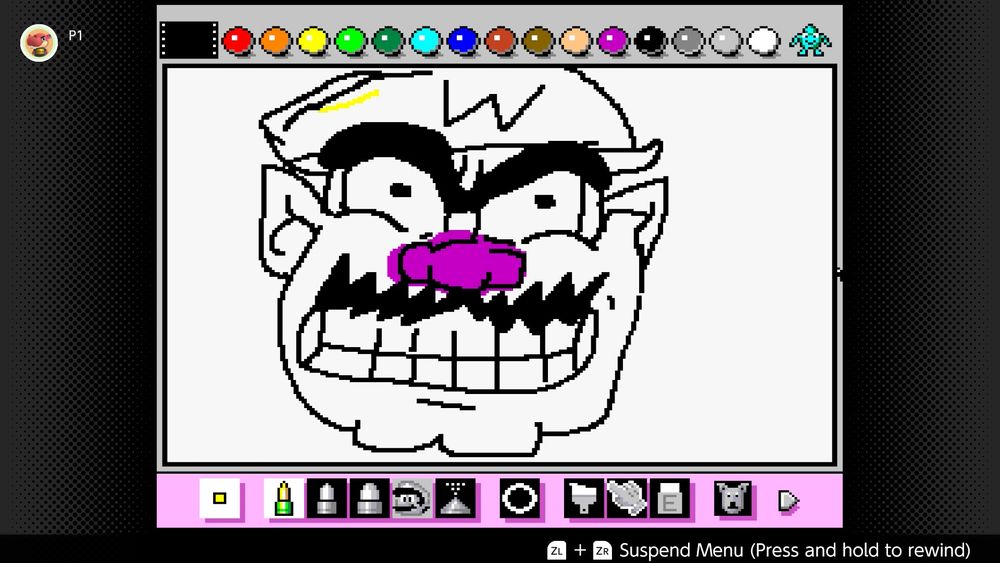 screenshot from Mario Paint on switch 2: my wacky-ass drawing of Wario’s face. there’s only a black outline of wario with only his nose colored pink/magenta 