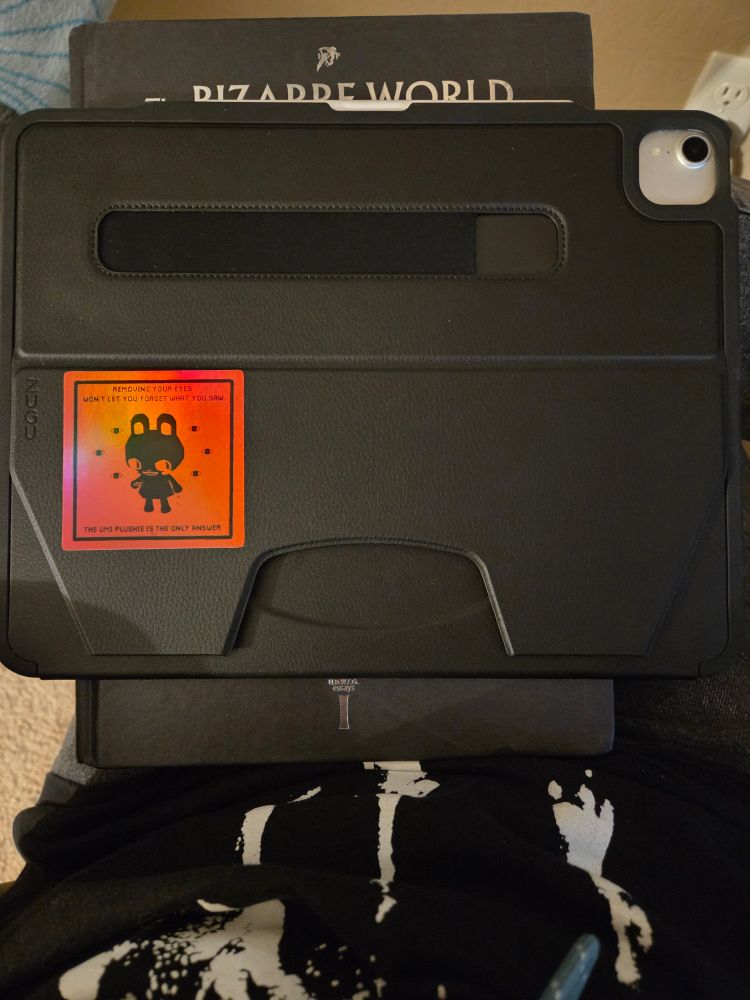 Black iPad case's with a single red holo sticker on it.