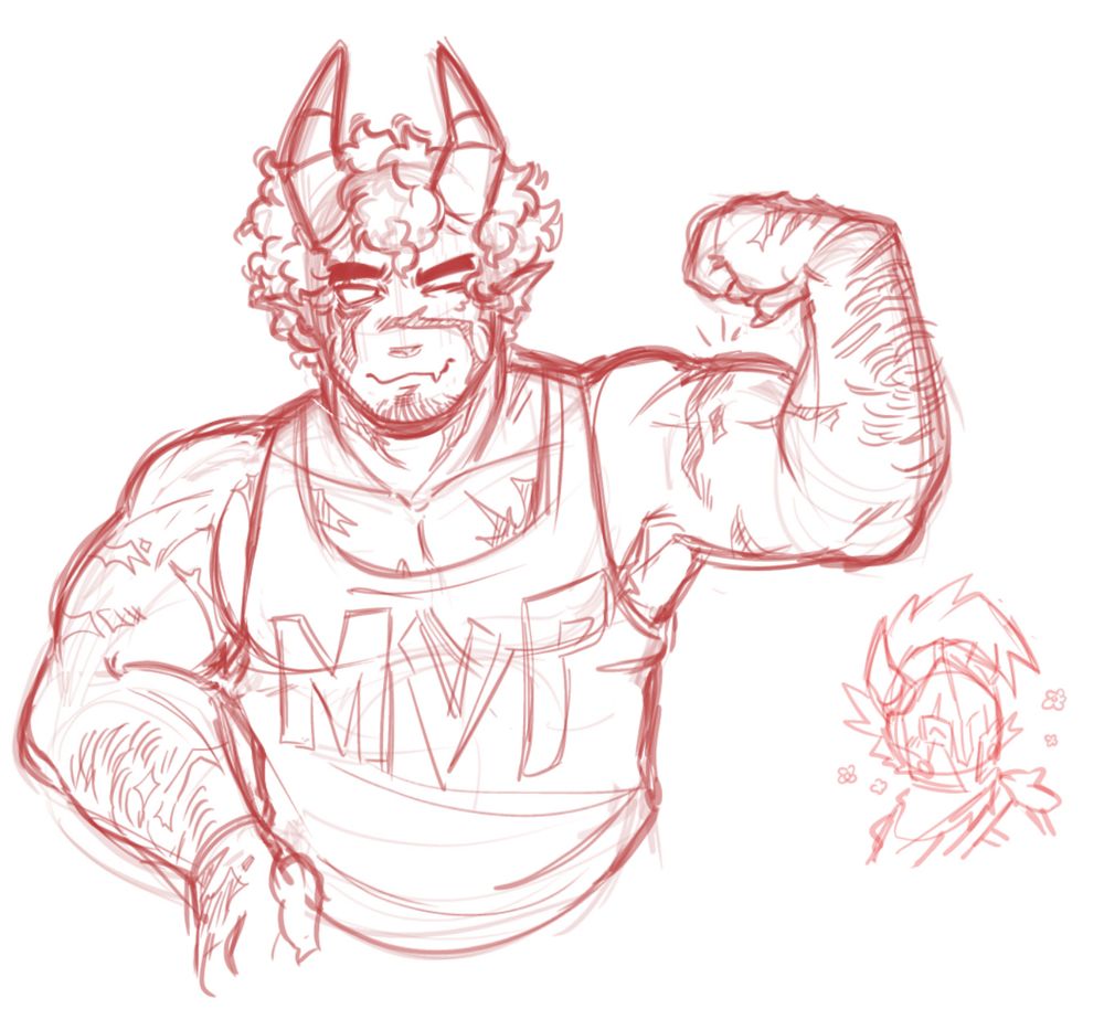 Helmet-less Blade in casual wear (a tanktop with "MVP" in big letters), flexing his biceps. 