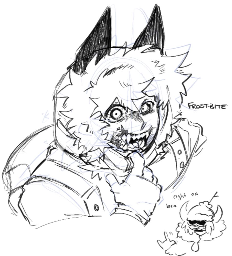Shilo showing off his scarred mouth, featuring a friend's phightersona named Skiboard.