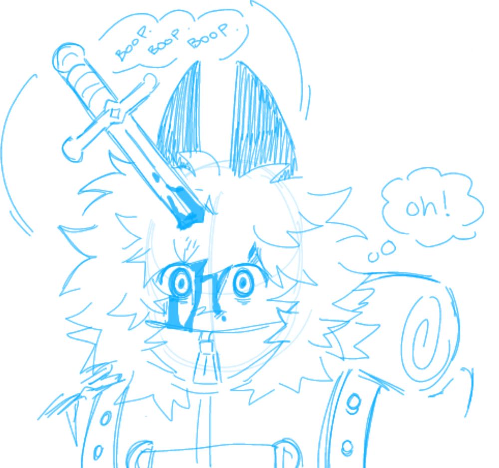 Shilo with a ticking sword embedded in his skull, seemingly unphased.