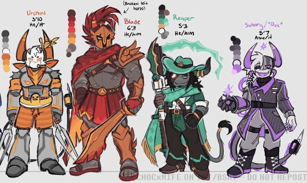 Closer image of the second four characters, Urchin, Blade, Reaper, and Suborg