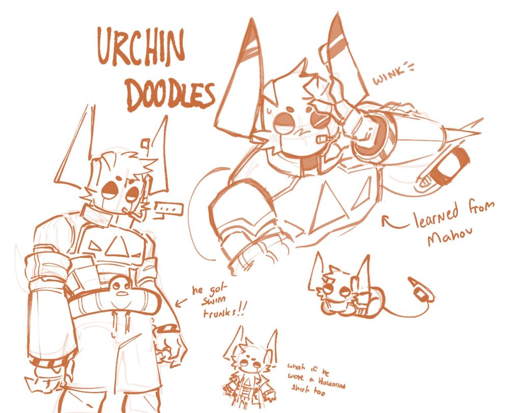 Old-ish drawings of Urchin. One is of him looking down awkwardly at his new swimming trunks; another is of him doing a peace sign learned from Neko (which, Mahou is her old name); other two are tiny doodles of Urchin trying to 'loaf' and wearing a Hawaiian shirt.