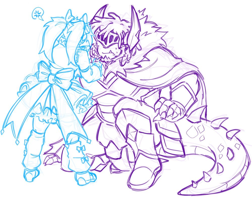 Neko (outdated design) aggressively grabbing the collar of her arch nemesis/main villain, Maliet (a Banhammer-based phightersona owned by a friend).