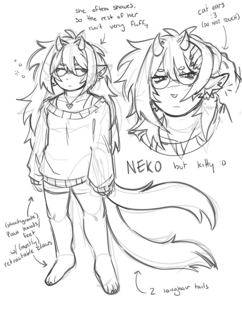 An image of Neko in casual wear (loose-fitted sweater, tanktop, and shorts). The picture shows her catlike features, such as her double feline tails, paws, and fluffy ears.