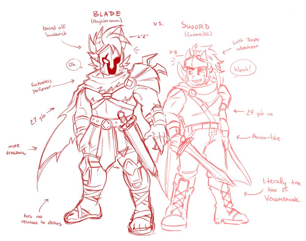 Somewhat outdated design of Blade standing next to Sword. Their differences are written in small facts scattered around the two. 