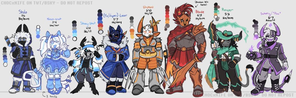 A line of four Phighting 'original' characters standing side by side. Shilo, Neko, Sting, Yu-Loser, Urchin, Blade, Reaper, and Suborg AKA Doc. Space. 