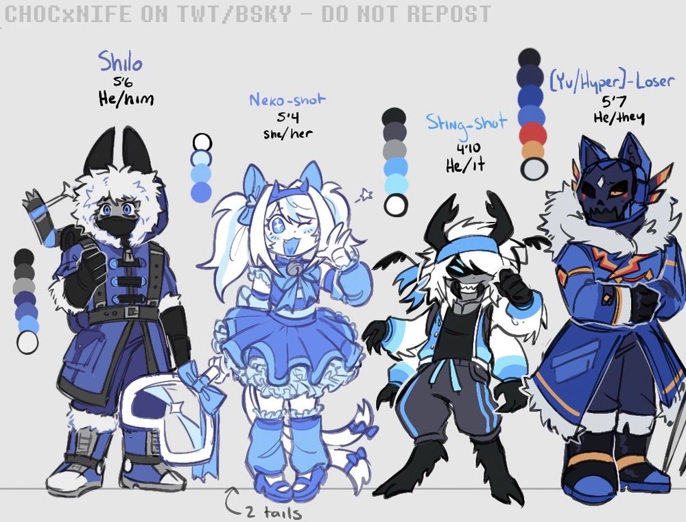 Closer image of the first four characters, Shilo, Neko, Sting, and Yu-Loser.