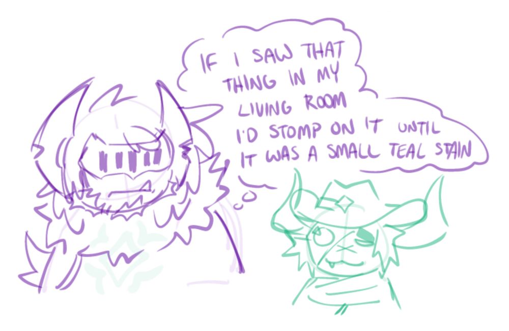 Doodle of a friend's phightersona (Maliet) and Reaper, with the former thinking about stomping on him.